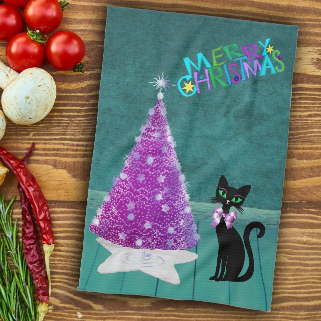 Jul Svart Katt Rosa Silver Träd Teal Rum Kökshandduk (Pink silver Christmas tree black cat in teal coloured room on Merry Chrismtas kitchen towel.)