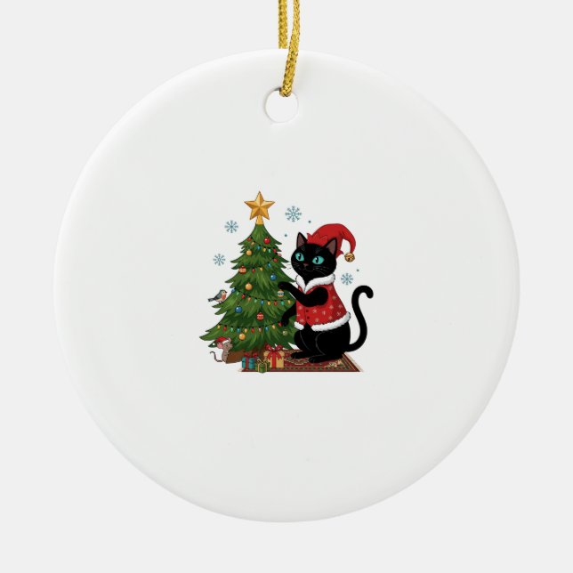 Jul Svart Katt Tomtehatt Träd Mus Julgransprydnad Keramik (Framsidan)