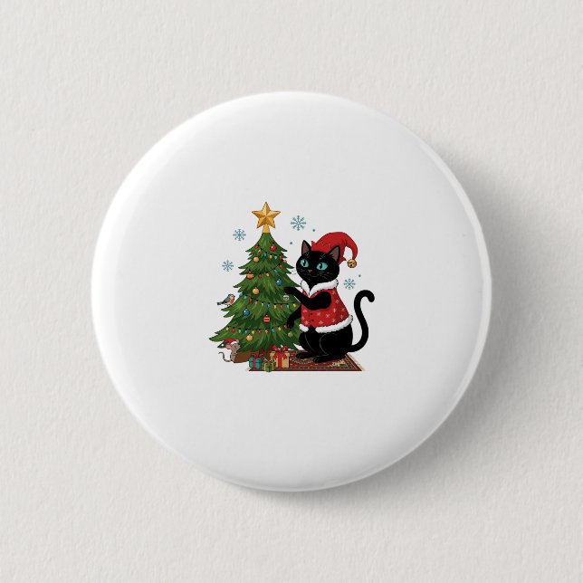 Jul Svart Katt Tomtehatt Träd Mus Knapp (Framsida)
