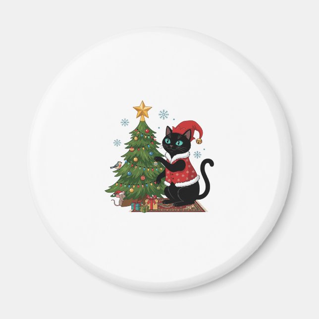 Jul Svart Katt Tomtehatt Träd Mus Magnet (Framsidan)
