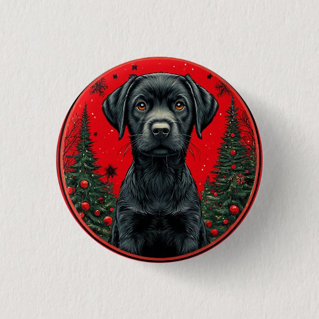Jul Svart Labrador Med Festiva Träd Knapp (Framsida)