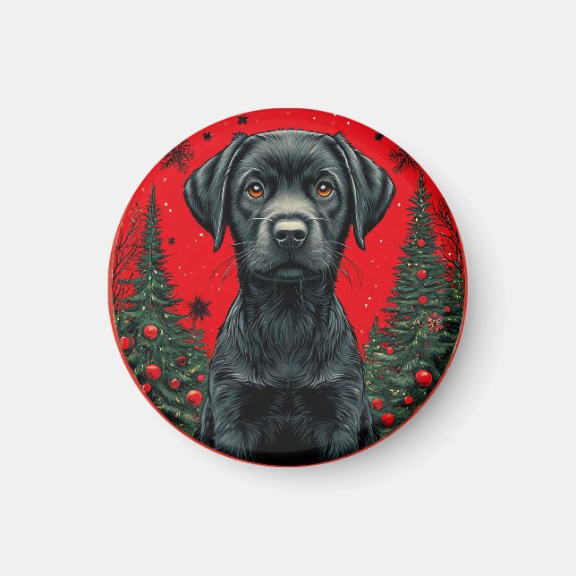 Jul Svart Labrador Med Festiva Träd Magnet (Framsidan)