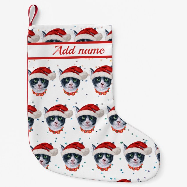 Jul Svart Och Vit Katt Vattenfärg Liten Julstrumpa (Framsidan)
