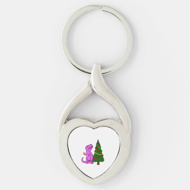 Jul T-Rex dinosaur 3 Twisted Heart Silverfärgad Nyckelring (Framsidan)
