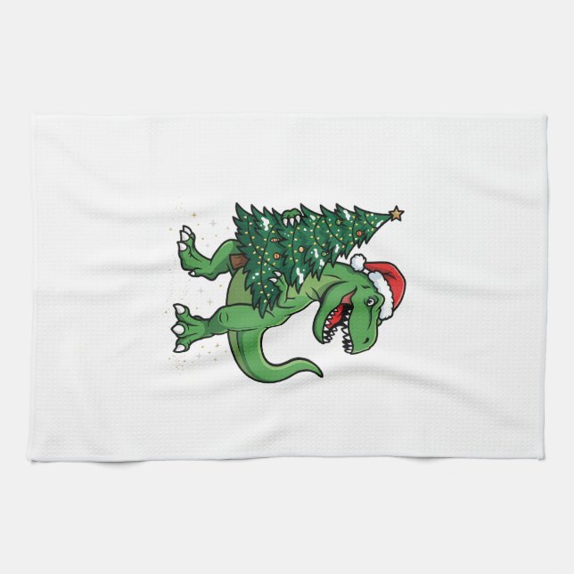 Jul-T-Rex som bär julgran Kökshandduk (Horisontell)