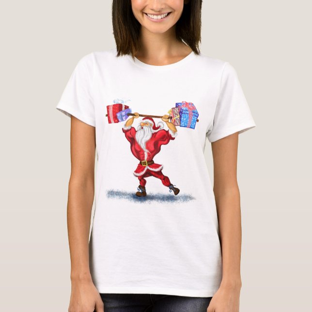 Jul T-Shirt Bodybyggder Santa med Gifts-Roligt (Framsida)