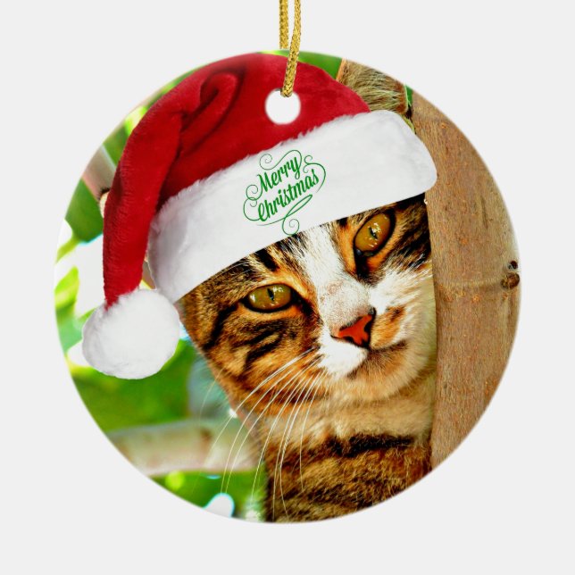 Jul Tabby katt i Träd Julgransprydnad Keramik (Framsidan)