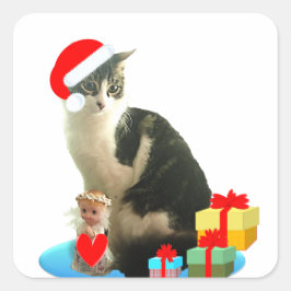Jul tabby katt och söt liten ängel fyrkantigt klistermärke