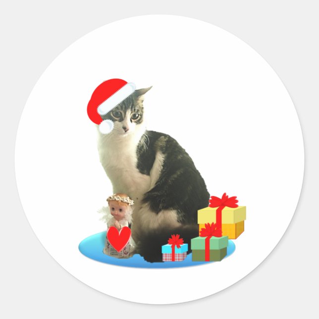 Jul tabby katt och söt liten ängel runt klistermärke (Framsida)