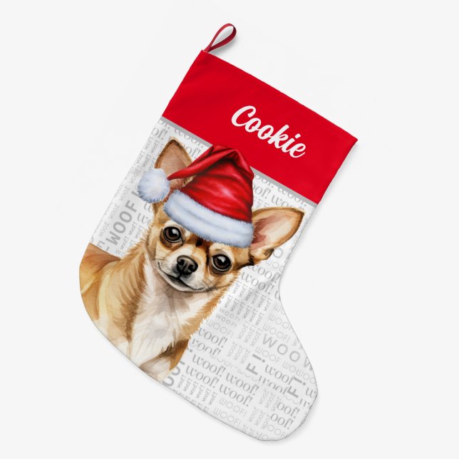Jul Tan Chihuahua Santa med Hund Namn Stor Julstrumpa (Framsidan (Hängande))