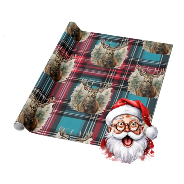 Jul Tartan Blue rener Presentpapper (Christmas Reindeer)