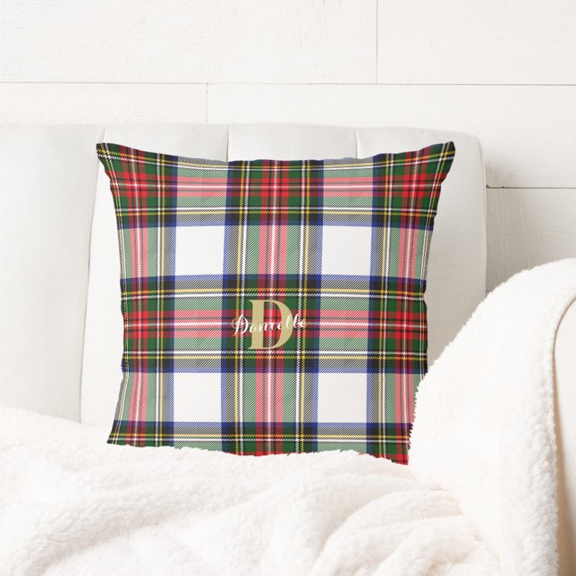 jul Tartan Monogram Namn Helgdag Mönster Kudde (Christmas Tartan Monogram Name Holiday Pattern Throw Pillow)