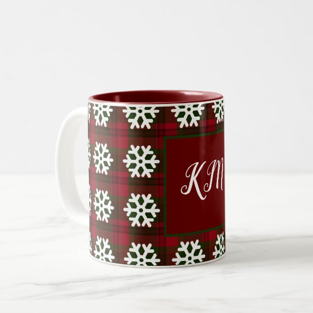 Jul Tartan Monogram Snowflake Red Grönt Två-Tonad Mugg (Framsida vänster)