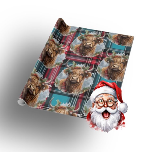 Jul Tartan Pacific Blue Highlander Cow Presentpapper (Merry Christmas Cow )