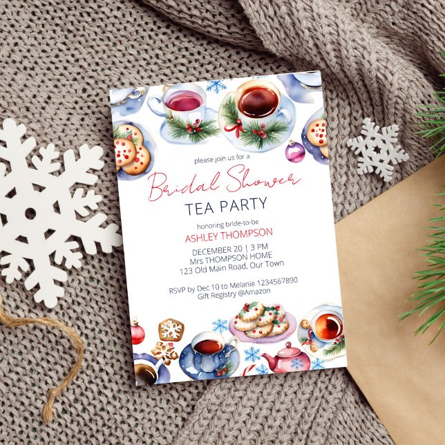 Jul te-partaj bröllopsdusch mall (Christmas tea party bridal shower editable template invitation digital download watercolor tea cups)