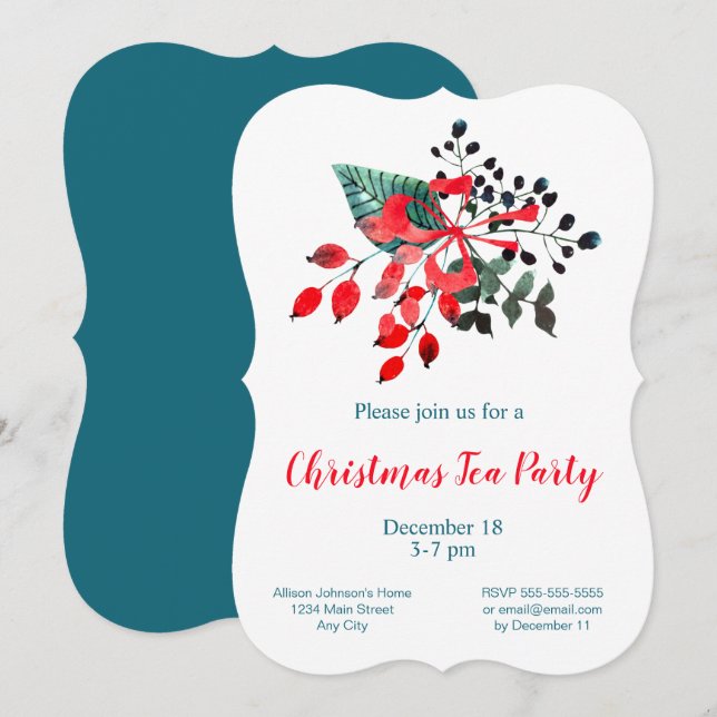 Jul Tea Party Red & Teal Winter Bouquet Inbjudningar (Fram/baksida)