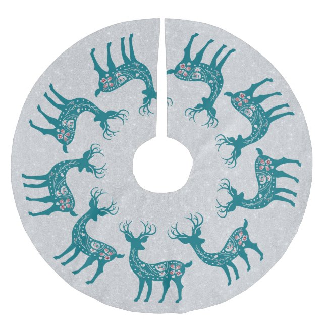 Jul Teal Reindeer Mönster Silver Glitter Julgransmatta Borstad Polyester (Framsidan)