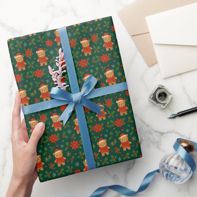 Jul Teddybjörn Mönster – Söt Grön Högtid  Presentpapper (Gifting)