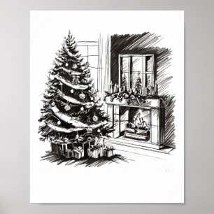 Jul Tees Julafton Sketch Pic Träd Presenter Gifts Poster