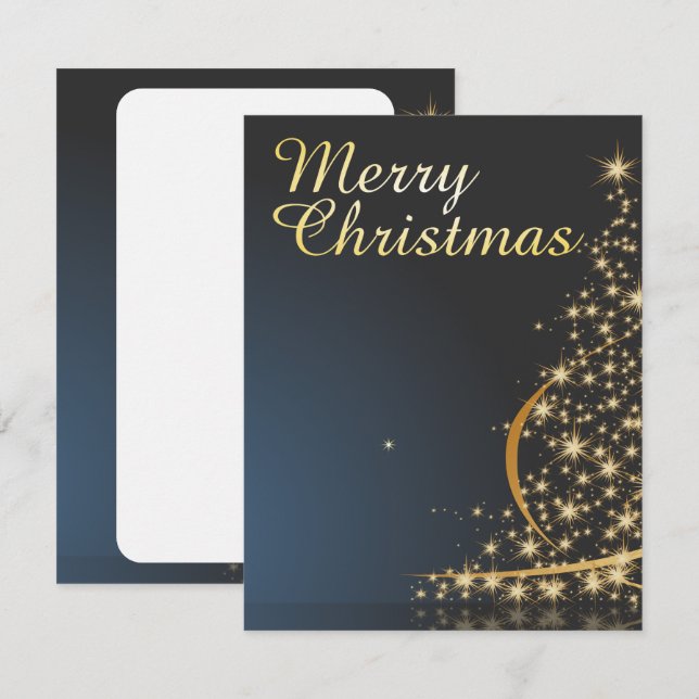 Jul tema blå med gyllene julgran inbjudningar (Fram/baksida)