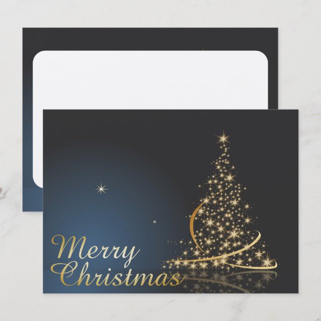 Jul tema blå med gyllene julgran inbjudningar (Fram/baksida)