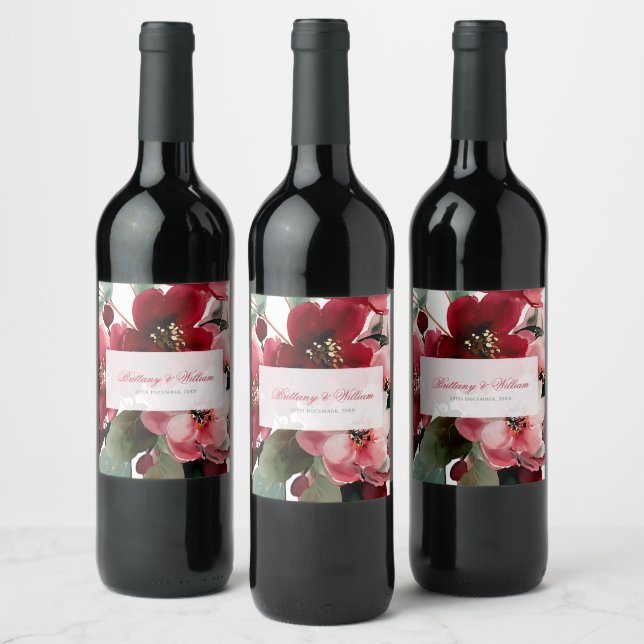 Jul tema röda blomster bröllop vinflaska etikett (Flaskor)