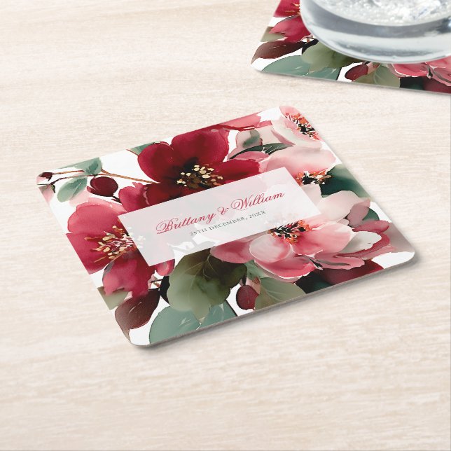 Jul tema röda blomsterbröllop underlägg papper kvadrat (Vinklad)