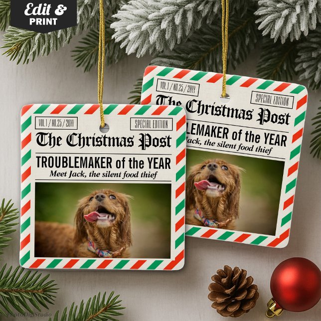 Jul Tidning Hund Bussfrö Av Året Julgransprydnad Keramik (Dog Troublemaker Of The Year Christmas Newspaper Ceramic Ornament)