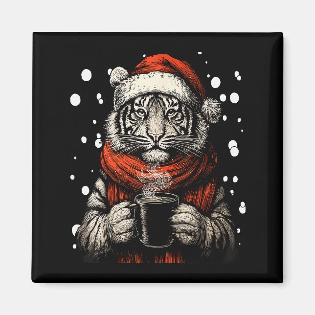 Jul Tiger Med Jultomte Hatt Kaffe Älskare Rolig  Magnet (Framsidan)