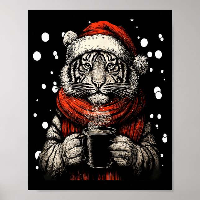 Jul Tiger Med Jultomte Hatt Kaffe Älskare Roligt  Poster (Framsidan)