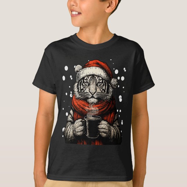 Jul Tiger Med Tomtehatt Kaffe Älskare Roligt  T Shirt (Framsida)