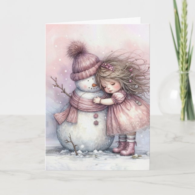 Jul-tjej som kramar en snöman kort (Framsida)