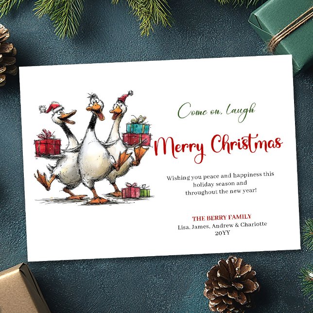 Jul Tokiga Gäss Lekfulla Nyckfull Julkort (Christmas Silly Geese Playful Whimsy Greeting Card)