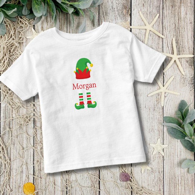 Jul Tomte Elf Röd Grön Barn T Shirt (Christmas Holiday Elf Monogrammed T-shirt for Baby  or Toddler. )