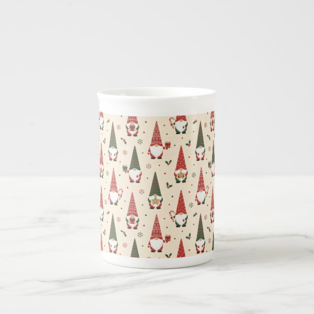 Jul Tomte Fest Mönster Benporslin Mugg (Framsidan)