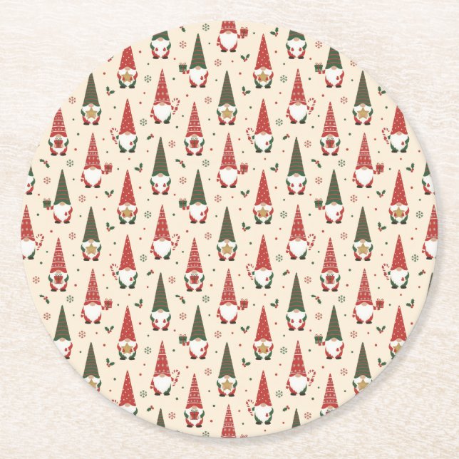Jul Tomte Fest Mönster Underlägg Papper Rund (Framsidan)