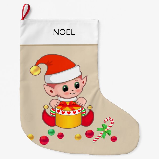 Jul tomte med julkulor på beige stor julstrumpa (Framsidan)