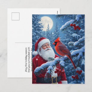 Jul tomte med kardinal i snöig träd helg vykort