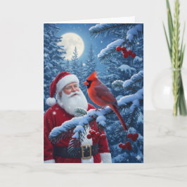 Jul Tomte med kardinal i snöig träd Helgkort