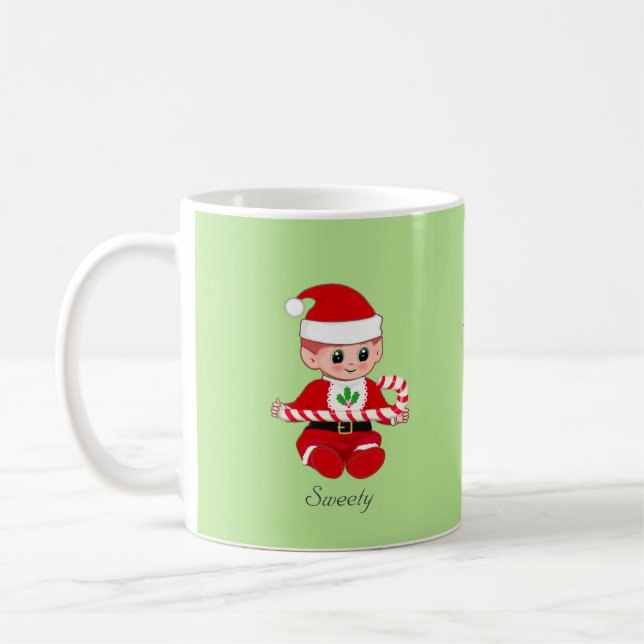Jul tomte med sockerrör & text på grön kaffemugg (Vänster)