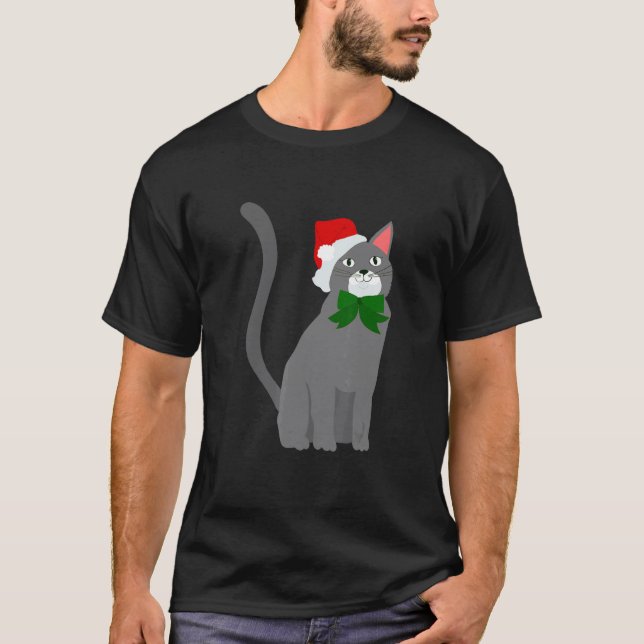 jul tomte mössa grå katt t shirt (Framsida)
