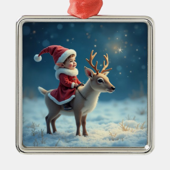 Jul Tomte och baby Ren Julgransprydnad Metall (Framsidan)
