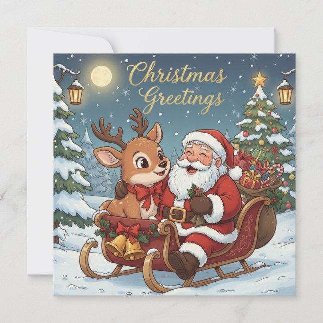 Jul Tomte och renar släde  Julkort (Framsida)