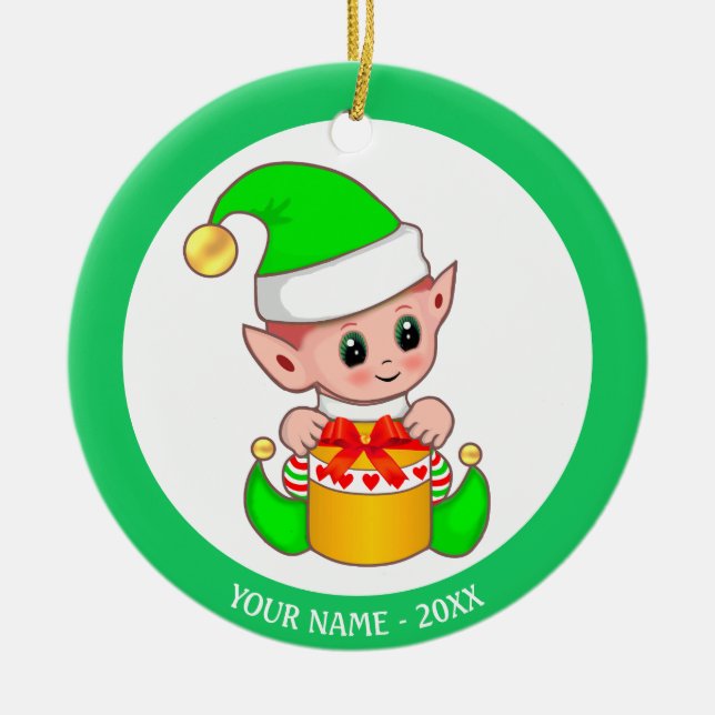 Jul Tomte på Grön & Anpassat Namn Julgransprydnad Keramik (Framsidan)