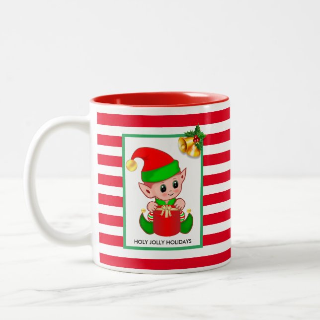 Jul Tomte på Röd Vit Randig Två-Tonad Mugg (Vänster)