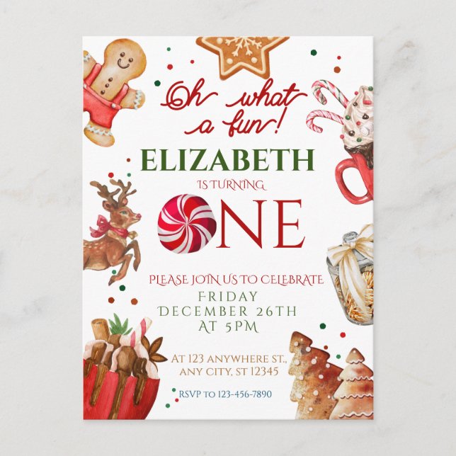 Jul Tomte Renar vad roligt 1-års födelsedag Vykort (Framsida)