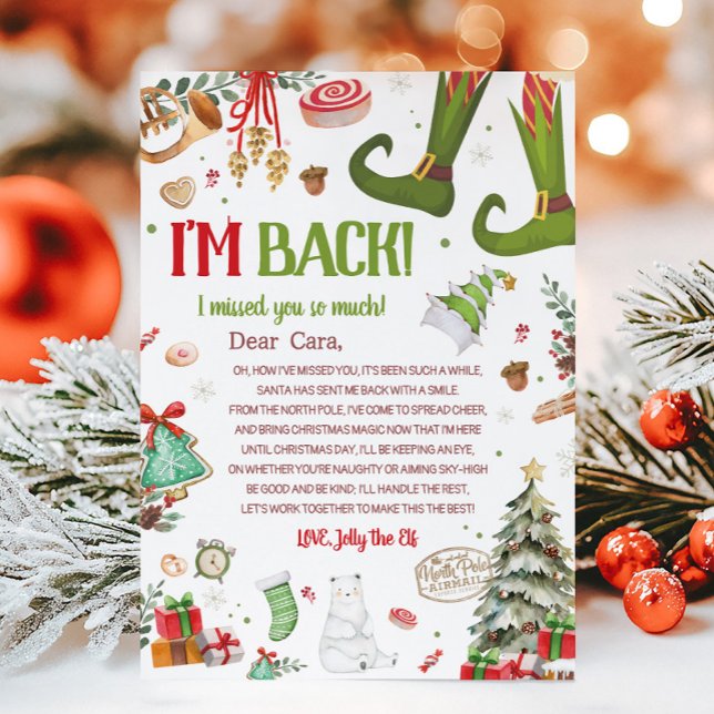 Jul Tomte Retur Jag Är Tillbaka Brevkort Inbjudningar (Christmas Elf Arrival I'm Back Letter Card)