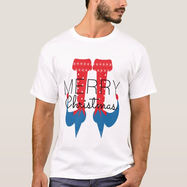 Jul Tomte Röd Blå Skrift Snöflinga Matchning T Shirt (Framsida)