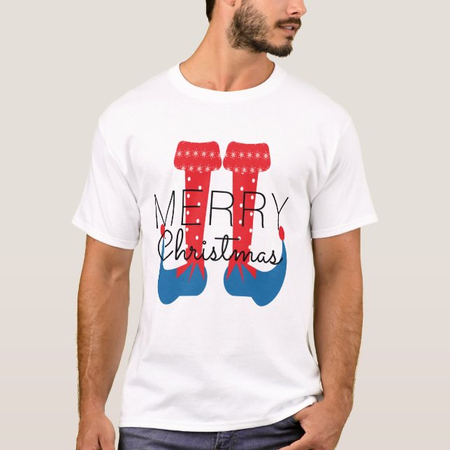 Jul Tomte Röd Blå Skript Snöflinga T-Shirt (Framsida)