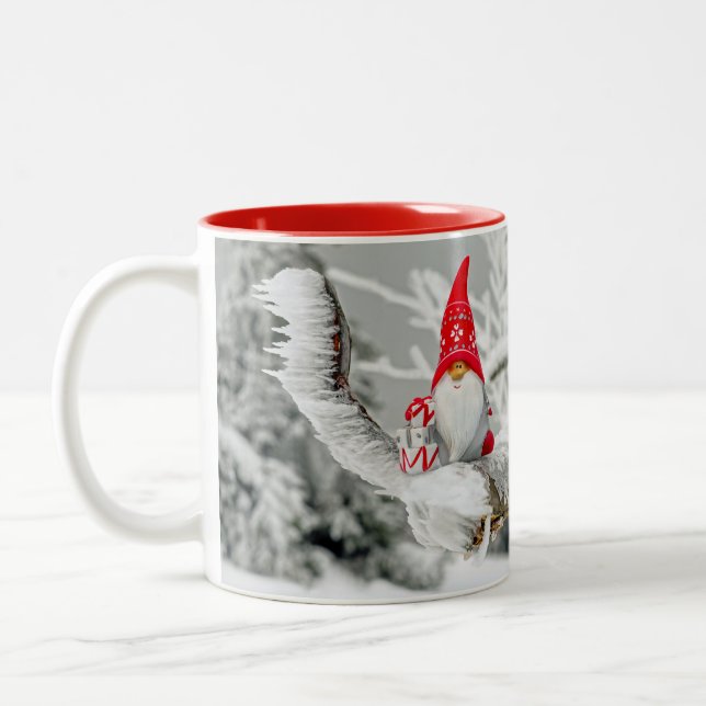 Jul Tomte Röd Tomtehatt Snöig Två-Tonad Mugg (Vänster)